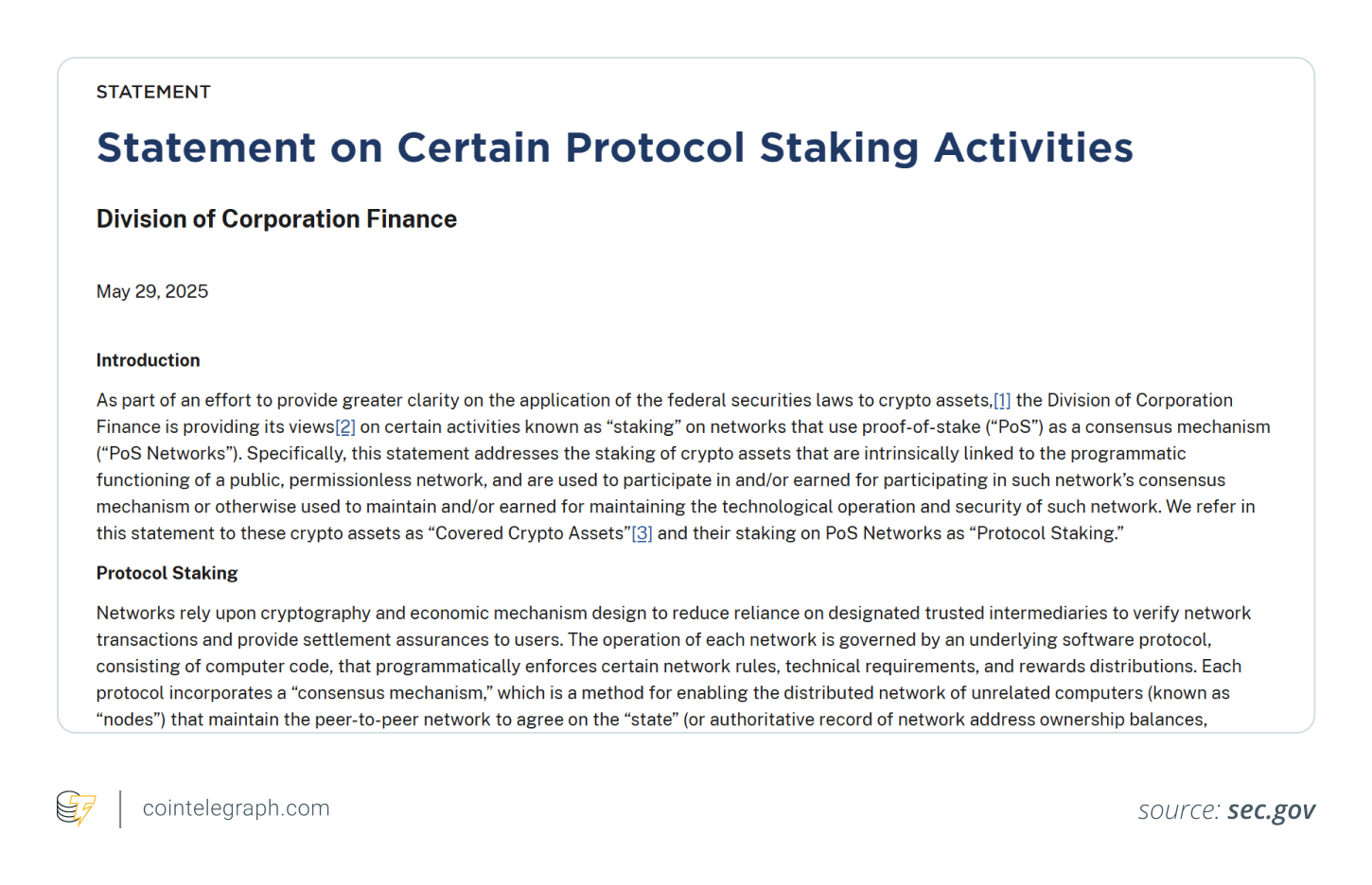 SEC statement on certain protocol staking activities SEC statement on certain protocol staking activities