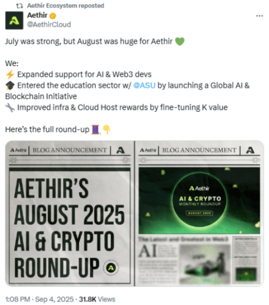 Aethir announced new developments on X. 