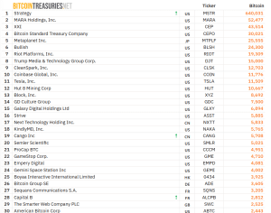 Top 30 Bitcoin treasury firms